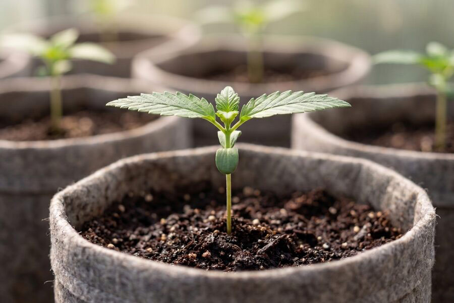 An autoflower plant sprouting from the soil