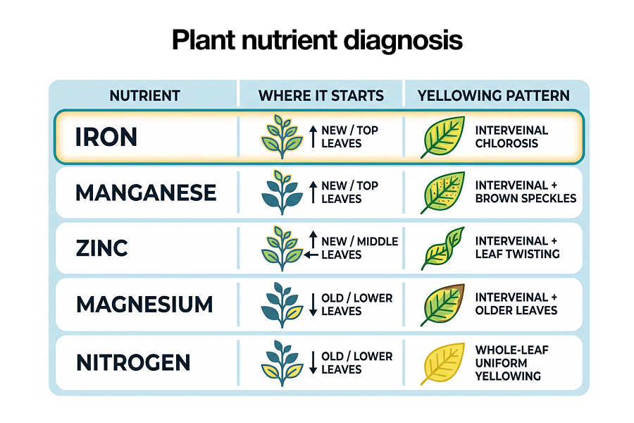 Comparison of cannabis iron, manganese, zinc, magnesium and nitrogen deficiencies by leaf position and pattern.