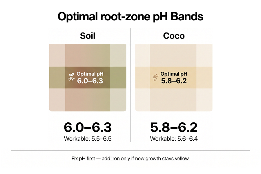 Optimal root-zone pH ranges for iron uptake in cannabis: soil, coco and hydro.