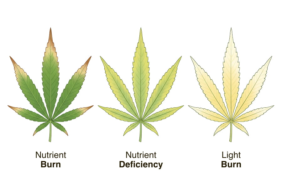 Diagram comparing cannabis nutrient burn, nutrient deficiency and light burn by where leaf damage starts.