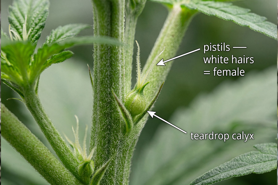 A close-up of a cannabis node, where a tiny tear-shaped preflower with two white hairs is growing between the main stem.