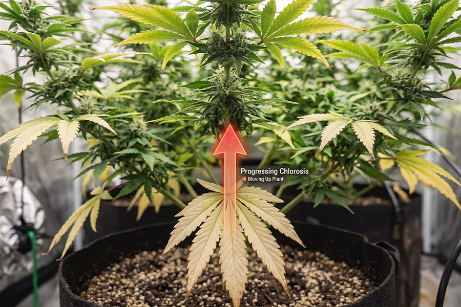 Cannabis fan leaf turning pale yellow from nitrogen deficiency