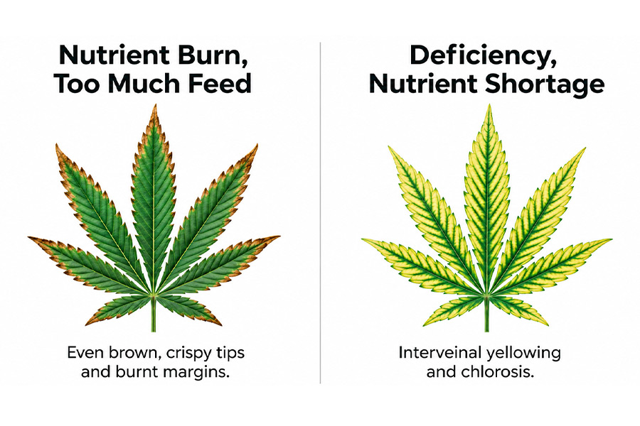 Side by side of cannabis nutrient burn versus a nutrient deficiency
