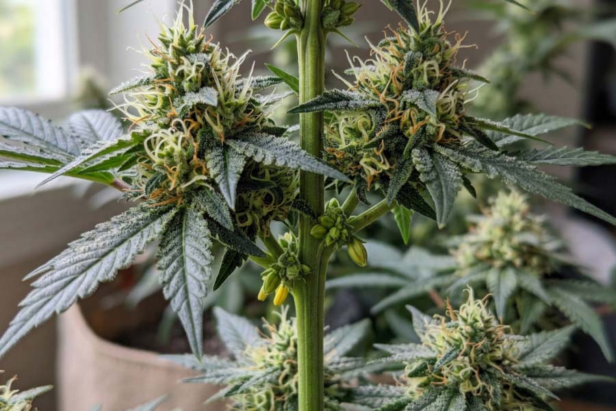 Late-flower cannabis cola showing both pistils and emerging nanners.