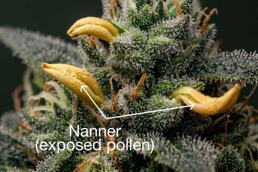 Yellow banana-shaped nanners emerging from a flowering cannabis bud.