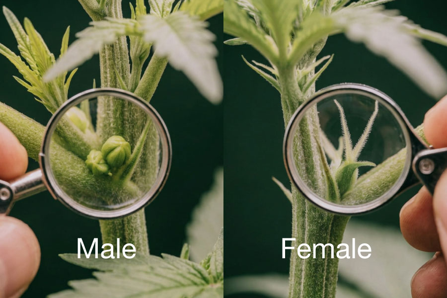 Side-by-side comparison of a normal swollen calyx and a hermie pollen sac on cannabis.