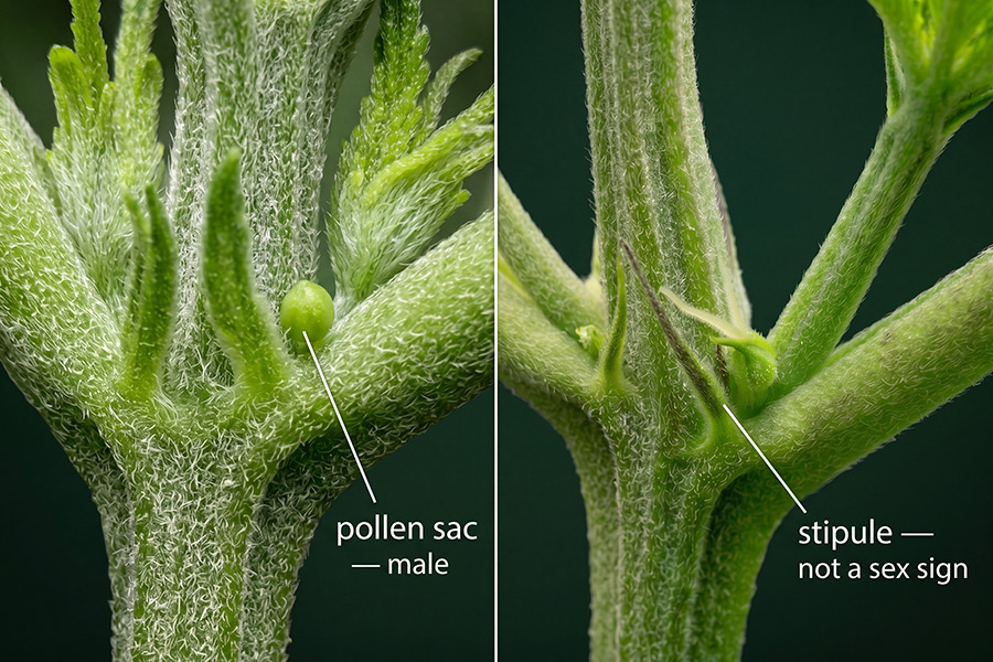 A side-by-side image showing male pre-flowers as small round sacs and stipules as thin, pointed growths near the nodes.