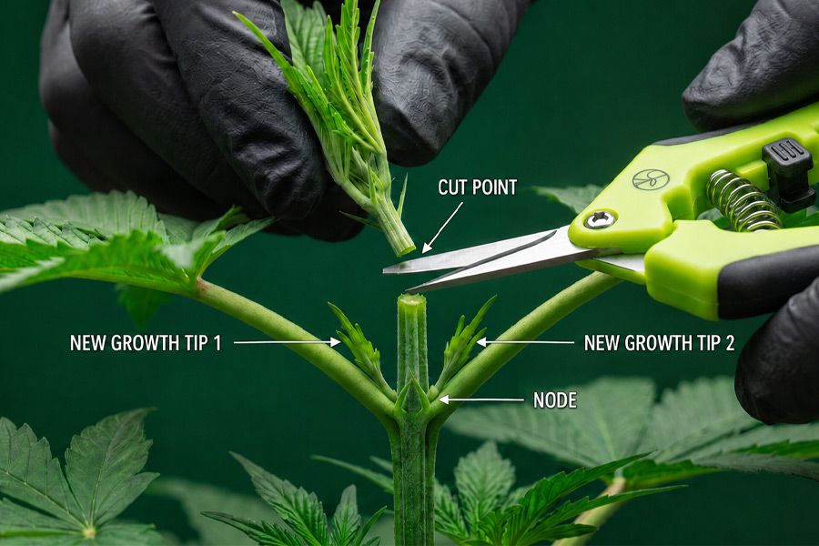 A close-up shot of a healthy cannabis plant being topped, with small scissors trimming the stem just above a node.