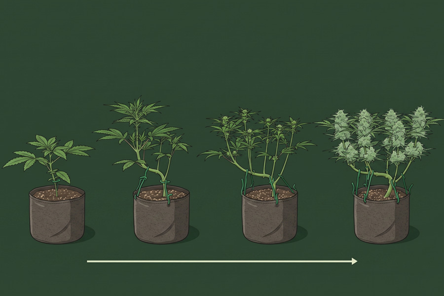 Four cannabis plants in grow pots are lined up side by side, showing how LST changes an autoflower week by week. You can see the plants gradually bending, spreading out, and forming a wider canopy as they grow toward the light.