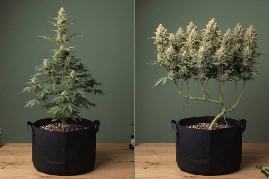 Two cannabis plants in grow pots are shown side by side. One is tall and slender, while the other looks wider with broad leaves after LST helped spread the branches out.