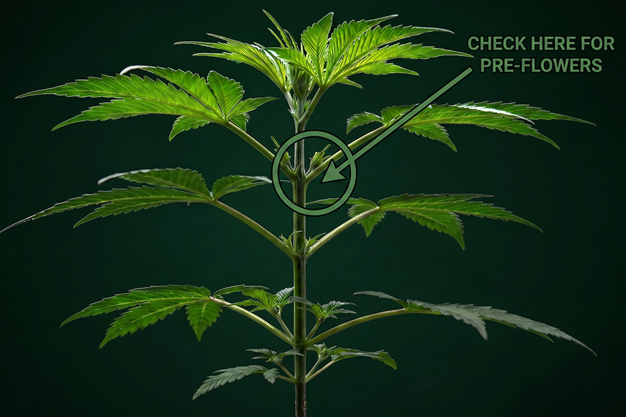 Identifying male cannabis plants by looking for small round pollen sacs forming at the nodes, where the branches meet the main stem.