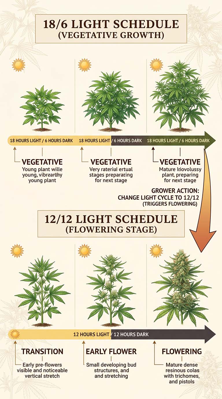 Diagram showing 18/6 vegetative light schedule vs 12/12 flowering light schedule for photoperiod cannabis plants.
