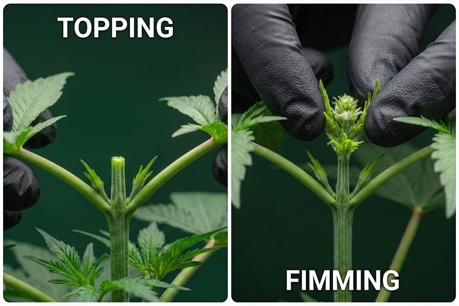 Side-by-side comparison of a topped cannabis tip and a fimmed cannabis tip