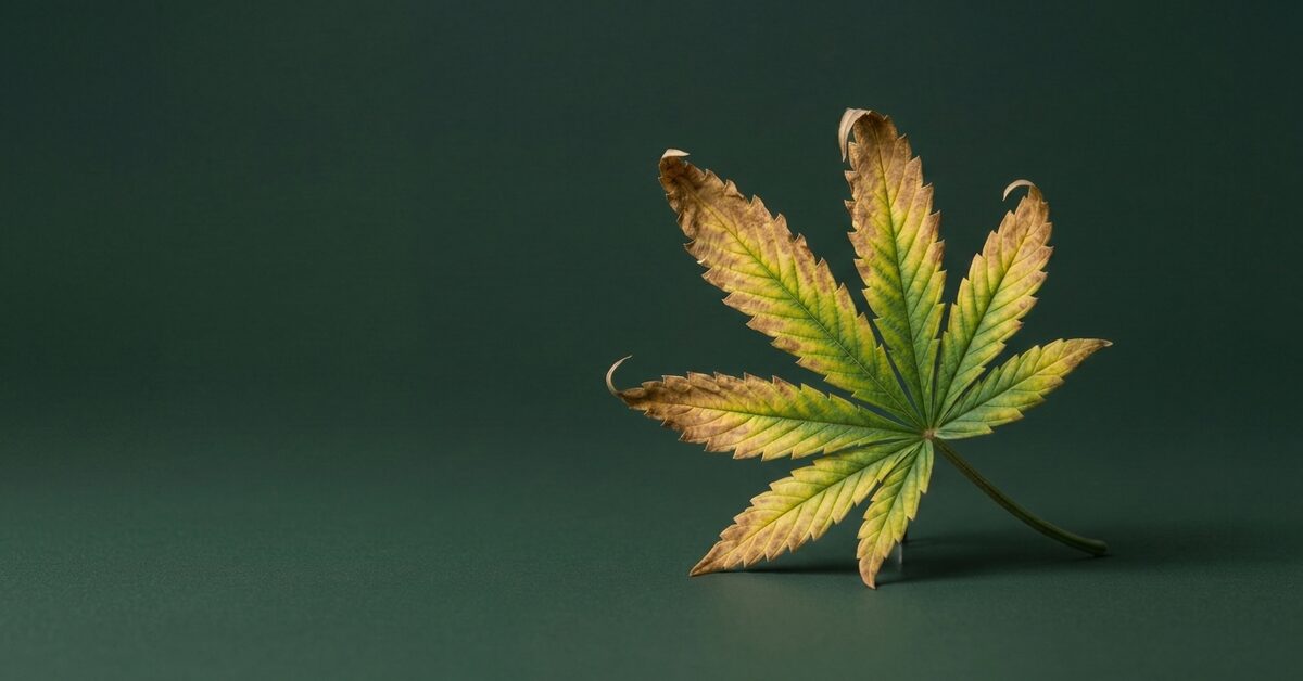  Cannabis leaf with brown burnt edges from potassium deficiency 