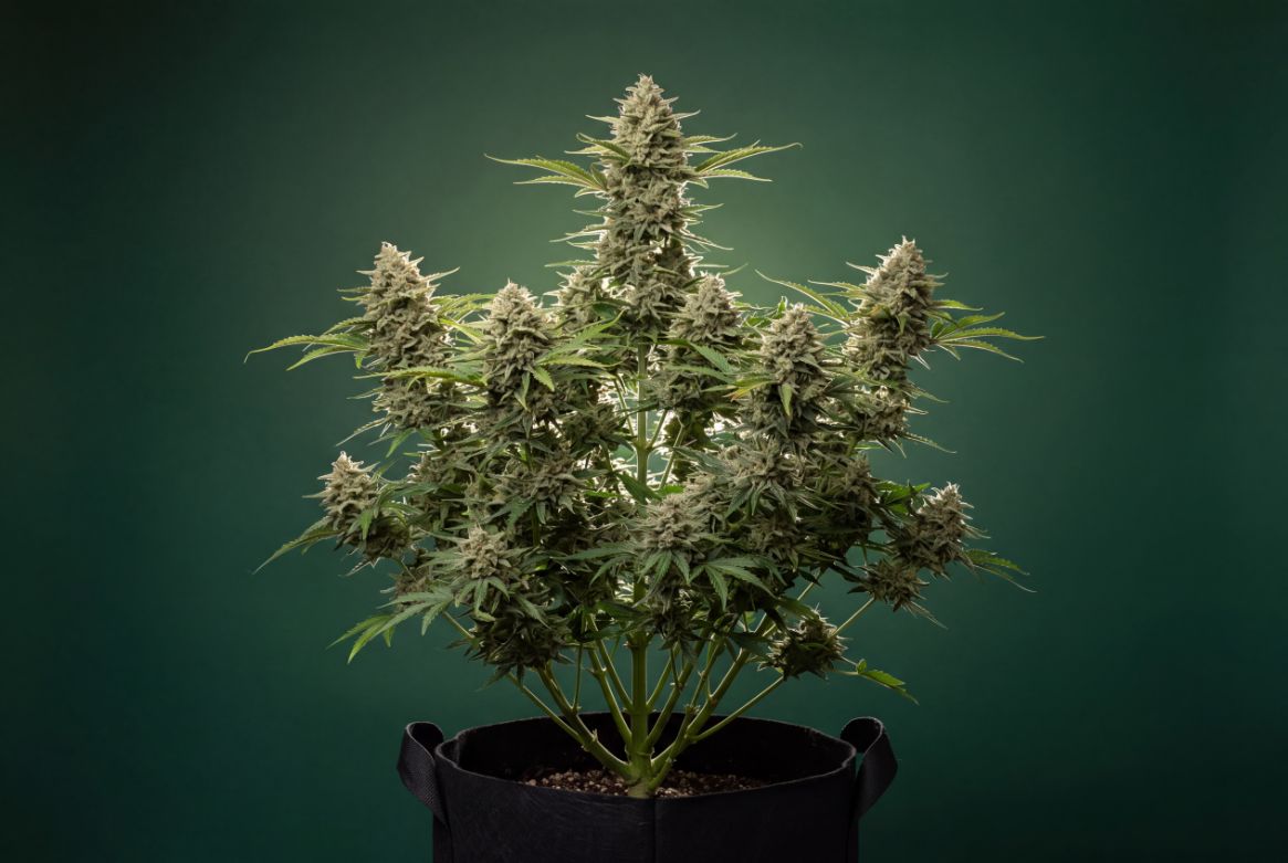 A healthy autoflower cannabis plant with vibrant green leaves and compact, bushy growth.