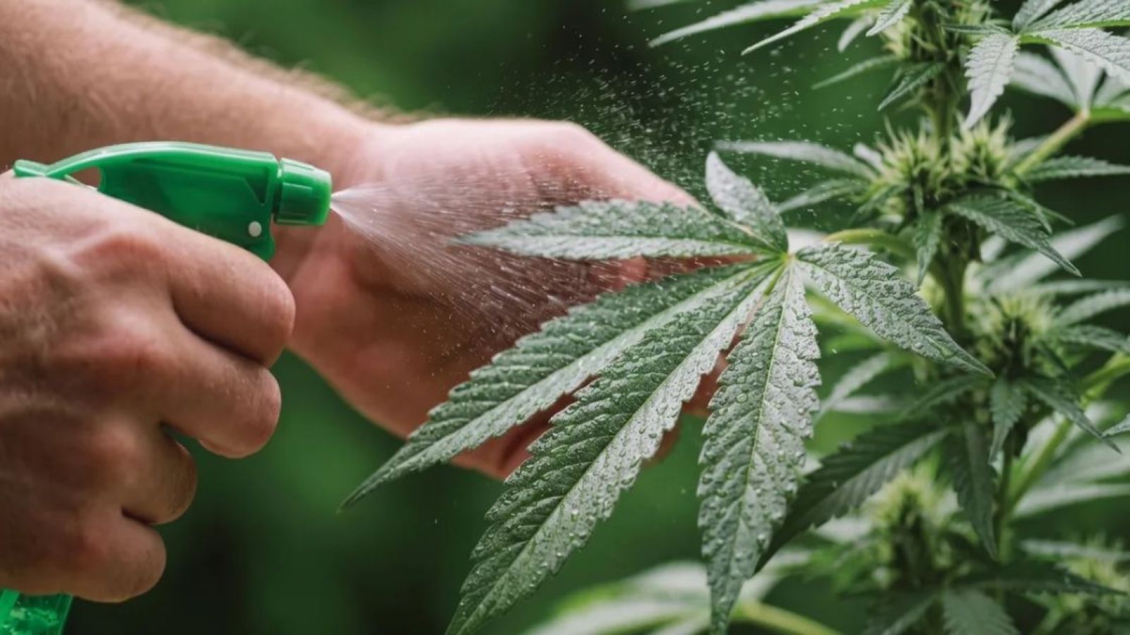 Grower gently spraying a nutrient solution onto cannabis leaves.