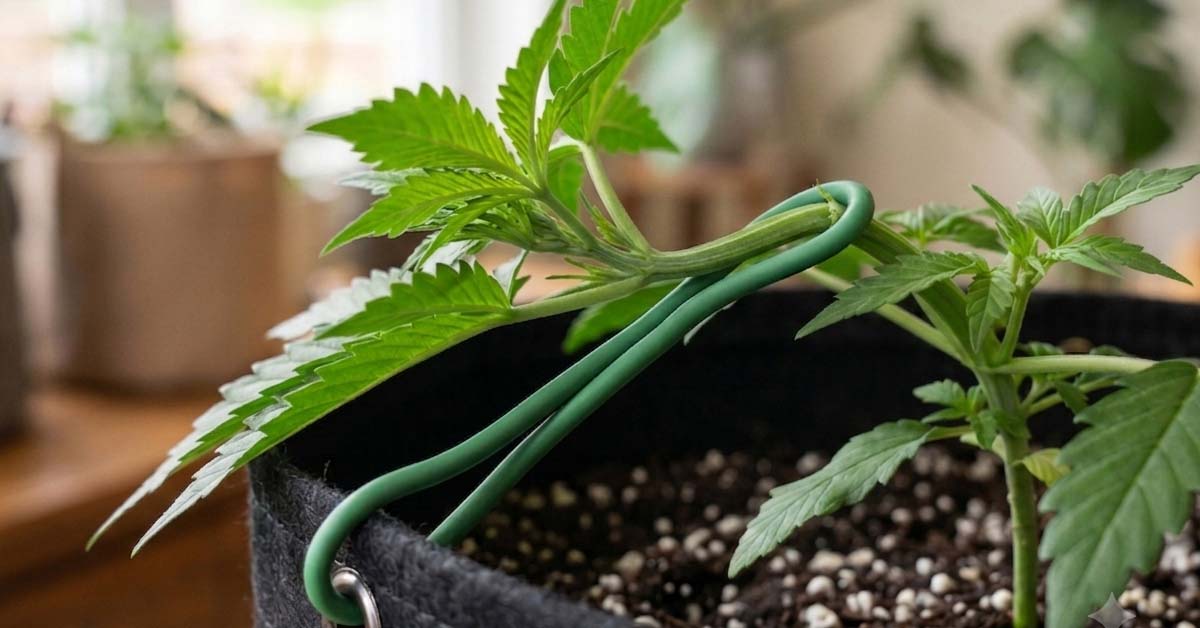 A young cannabis plant sits in its grow medium with the main stem gently bent sideways and secured in place. This shows LST for autoflowers, a simple training method that helps open up the plant, lets more light reach the lower branches, and encourages wi