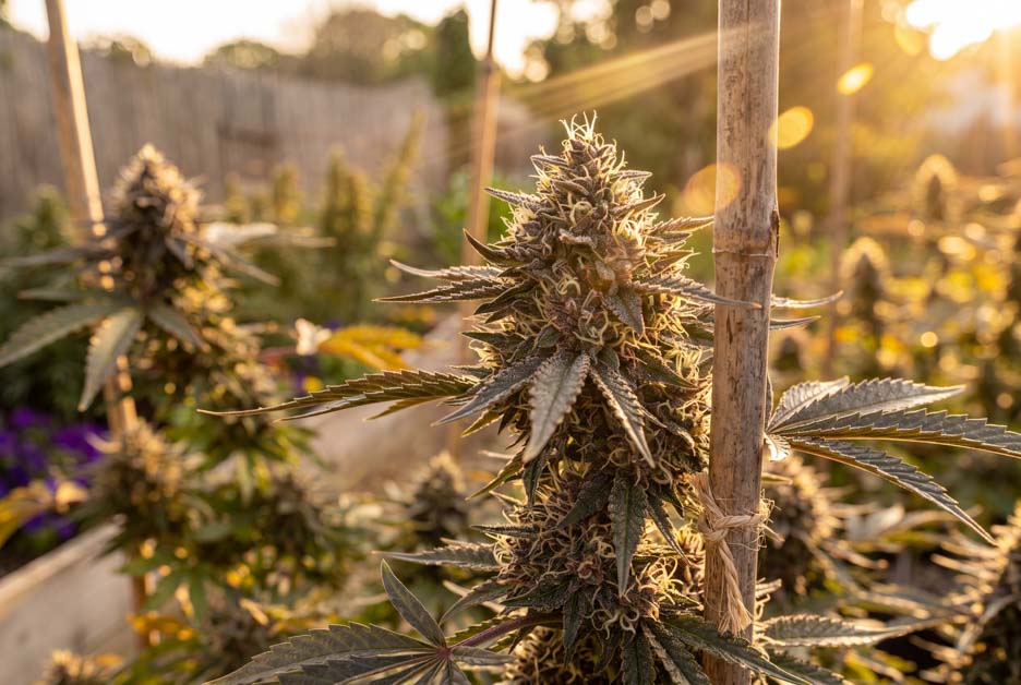 Healthy autoflower cannabis plants growing outdoors under natural sunlight.