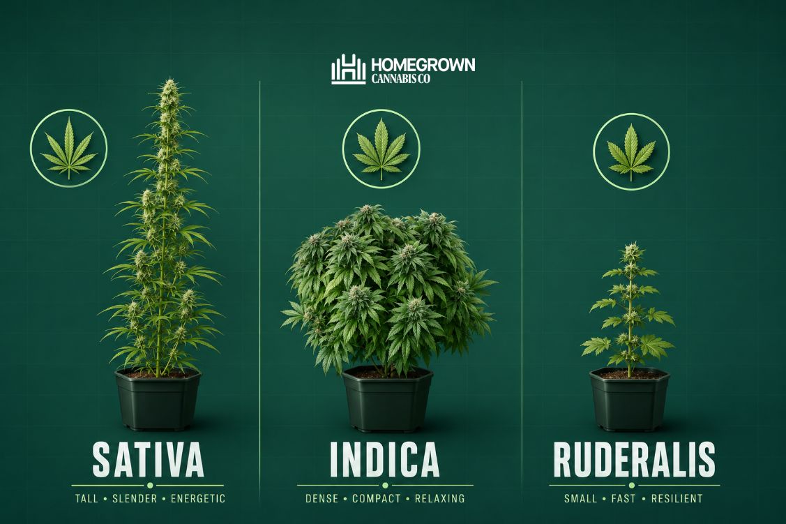 A simple chart comparing indica, sativa, and ruderalis. Indica looks short and bushy, sativa is tall with thin leaves, and ruderalis appears smaller and more wild-looking.