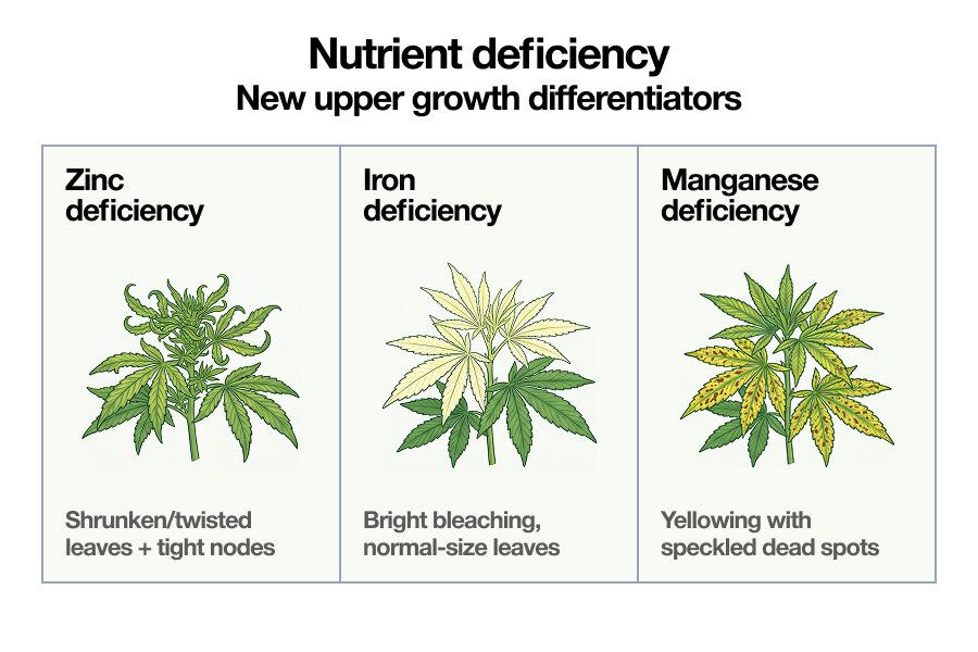 Infographic comparing zinc, iron and manganese deficiency symptoms on new cannabis growth.