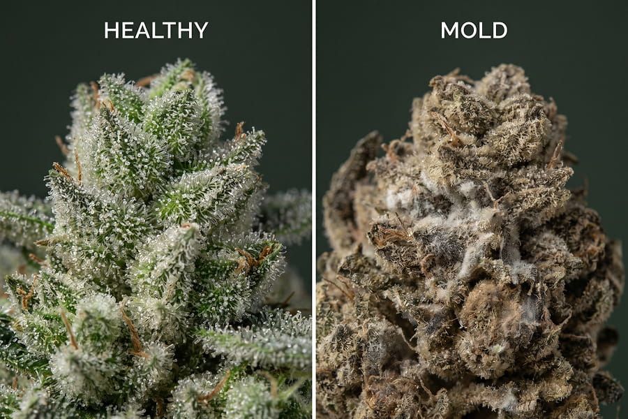 Split-screen comparing sparkling healthy trichomes with dull patchy mold on cannabis.