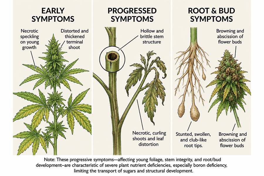 Three-stage progression of cannabis boron deficiency: early spotting, brittle stems, then stunted roots and browning buds.