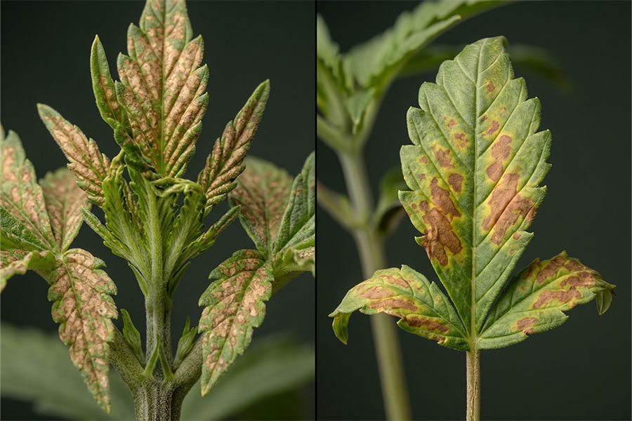 Side-by-side comparison of boron versus calcium deficiency in cannabis, highlighting spot size as the key difference.
