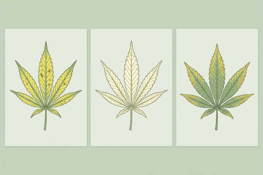 Comparison chart of manganese, iron and magnesium deficiency in cannabis by leaf location and symptoms.