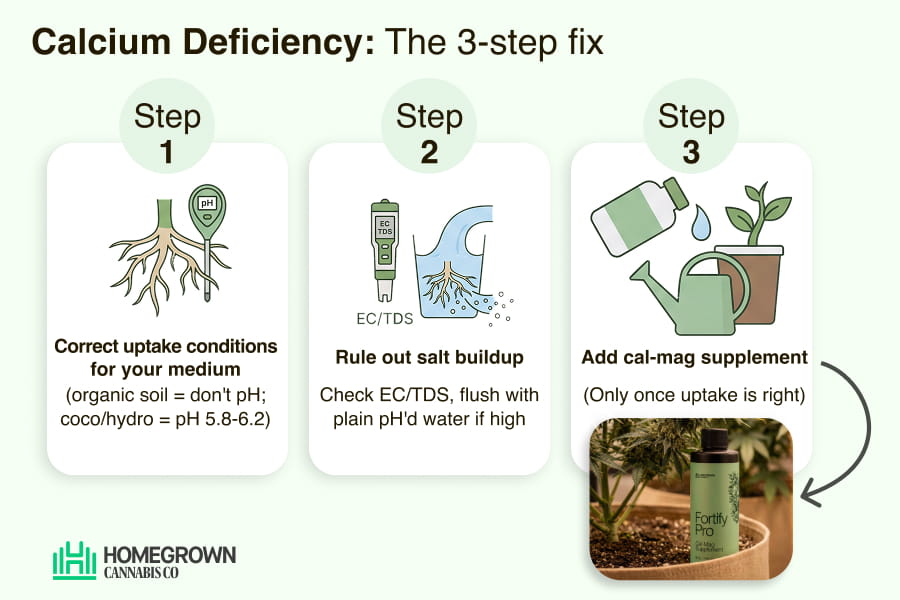 Three-step diagram to fix cannabis calcium and cal-mag deficiency by growing medium.