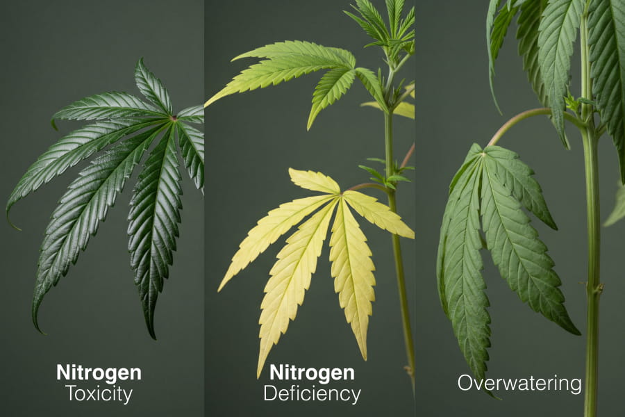Comparison infographic showing how cannabis leaves look with nitrogen toxicity, nitrogen deficiency, and overwatering side by side.