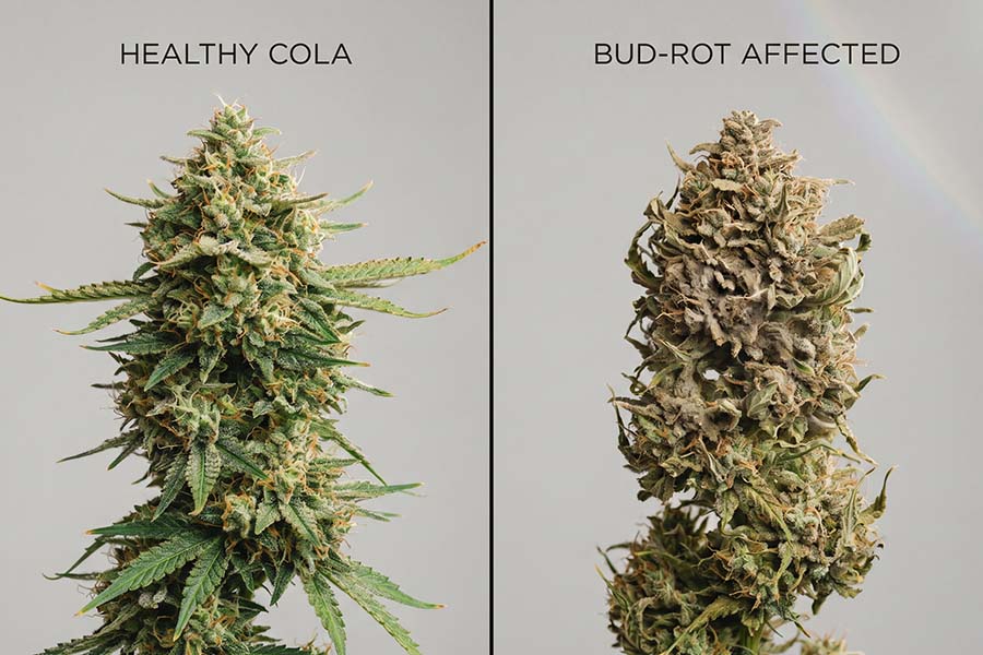 Healthy cannabis cola beside a bud-rot-affected cola for comparison.