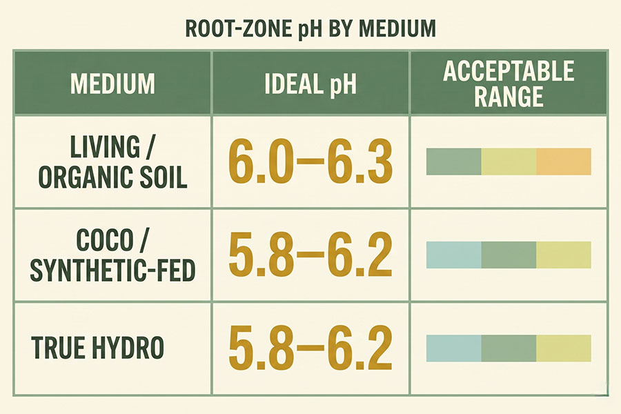 Chart of ideal cannabis root-zone pH by growing medium: soil, coco, and hydroponics.