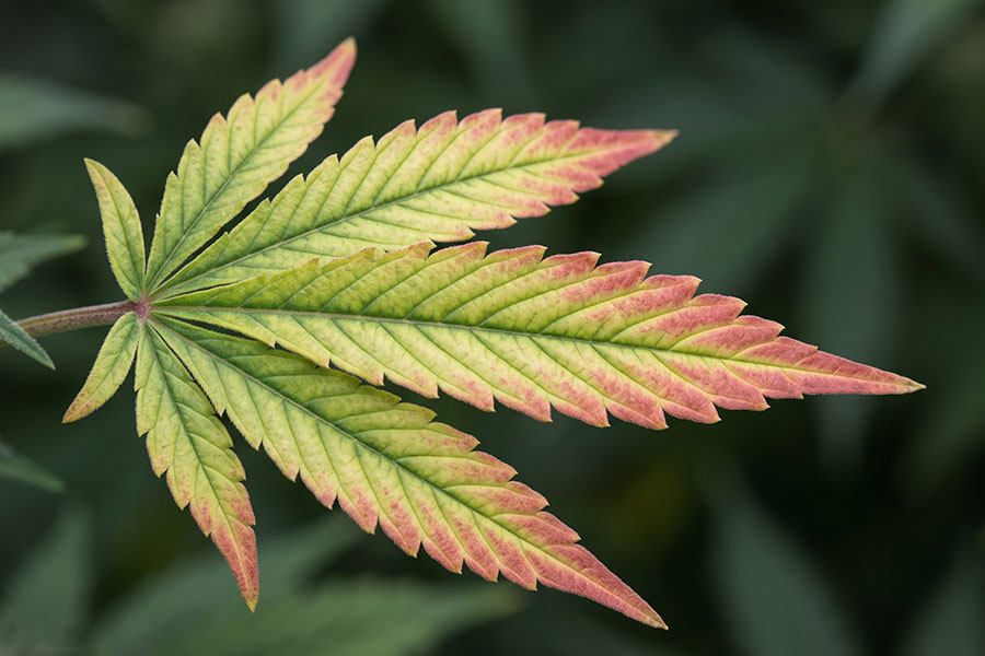 Cannabis fan leaf with interveinal yellowing and red-pink leaf margins, the key sign of molybdenum deficiency.