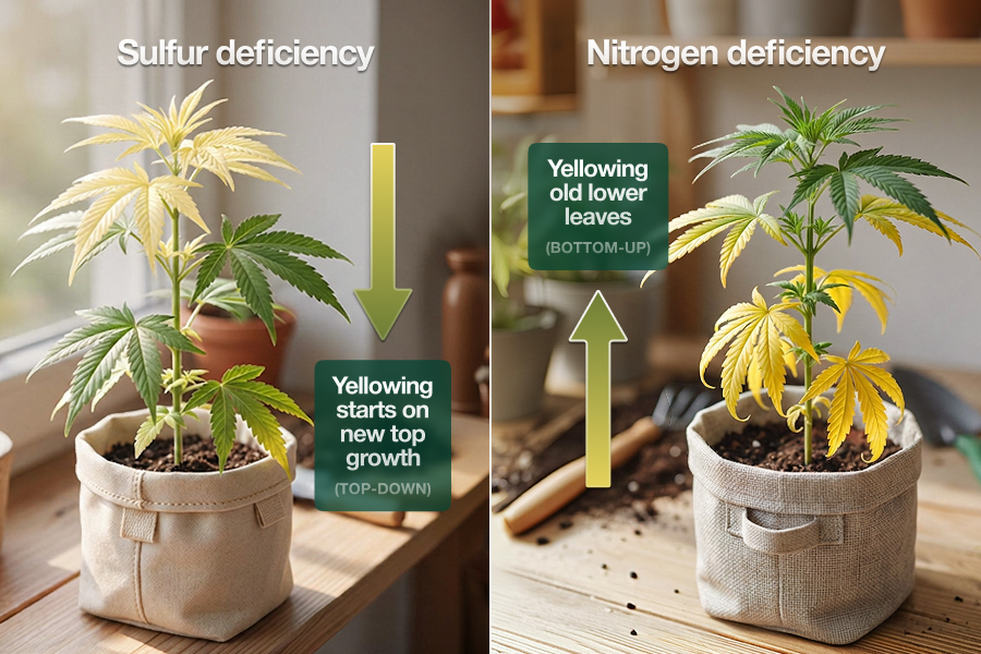 Comparison diagram: sulfur deficiency yellows new top leaves (top-down) vs nitrogen deficiency yellows old lower leaves (bottom-up).