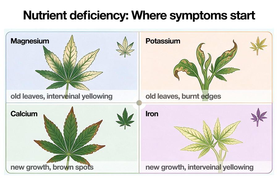 Infographic comparing magnesium, calcium, potassium and iron deficiencies in cannabis by leaf location and pattern.