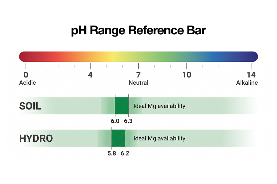 Chart of ideal cannabis root-zone pH ranges by growing medium: soil, coco, and hydro.
