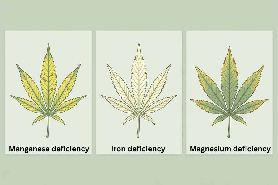 Comparison chart of manganese, iron and magnesium deficiency in cannabis by leaf location and symptoms.