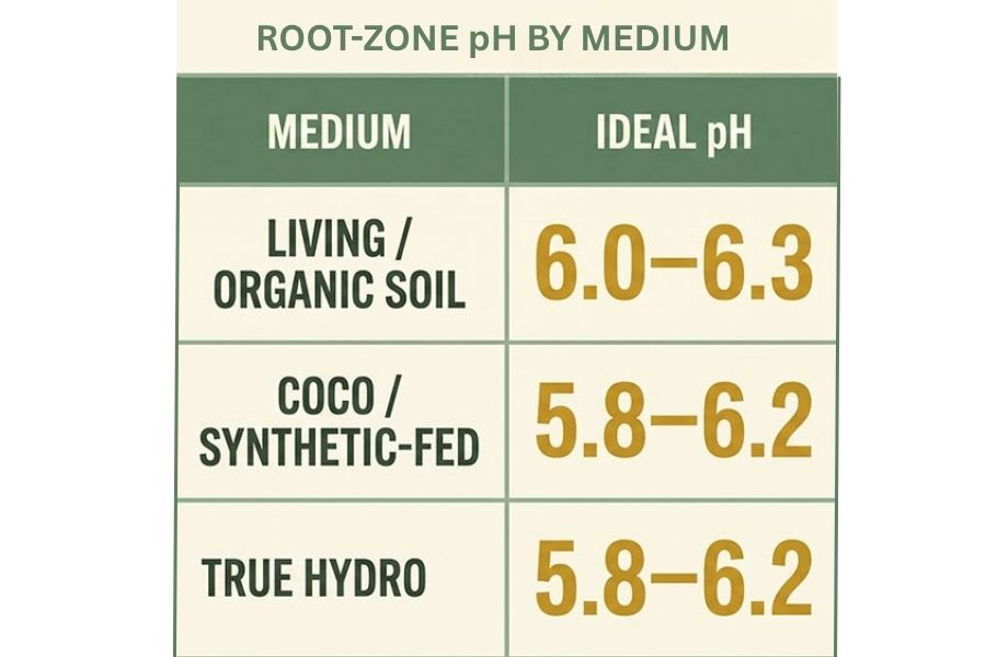 Chart of ideal cannabis root-zone pH by growing medium: soil, coco, and hydroponics.