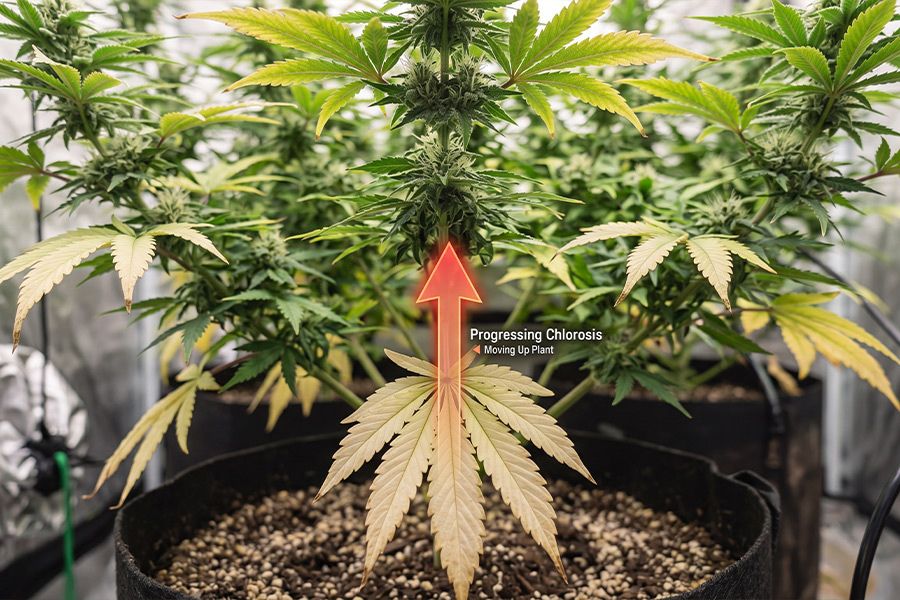 Cannabis fan leaf turning pale yellow from nitrogen deficiency.