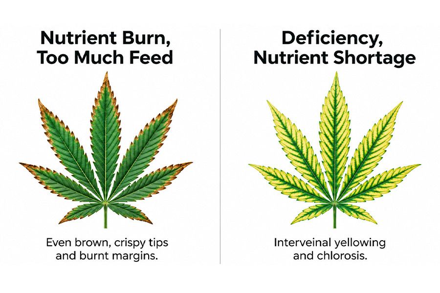 Side by side of cannabis nutrient burn versus a nutrient deficiency.