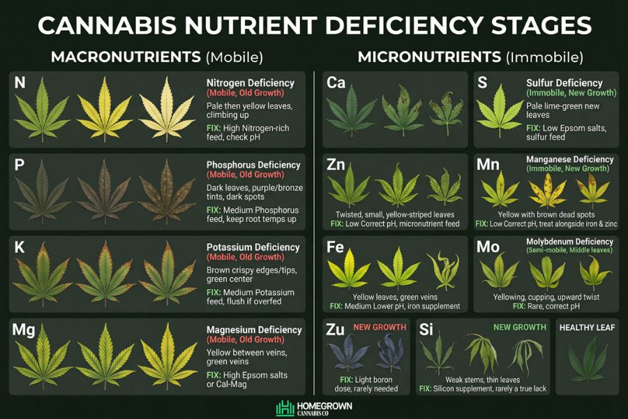 Visual cannabis nutrient deficiency chart mapping leaf symptoms to each nutrient.