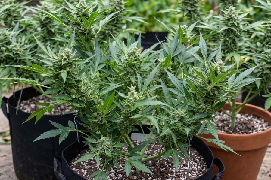 Healthy autoflower cannabis plants growing in pots with lush green leaves and freshly topped growth.