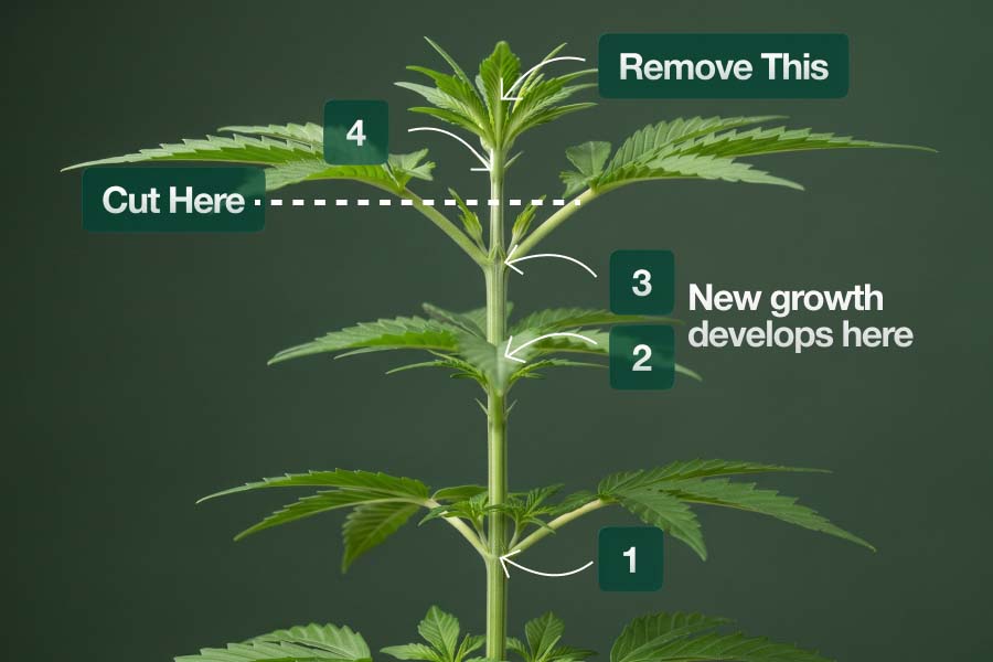 Diagram showing where to cut when topping autoflowers with nodes labeled 1 through 4 and the cut point marked above node 3.